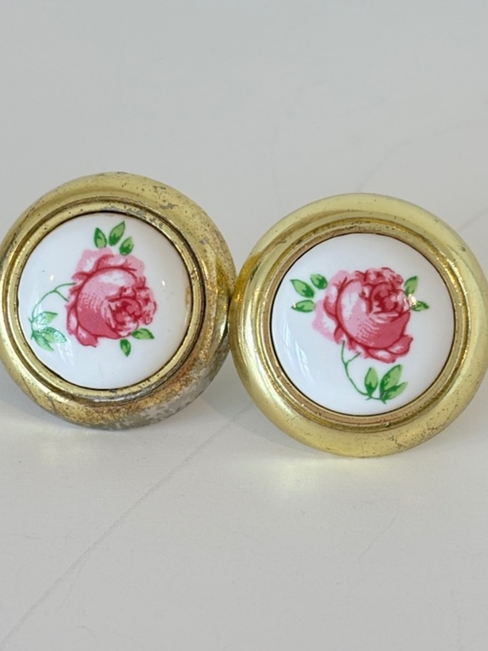 SET OF TWO vintage porcelain gold toned knobs dresser pulls pink floral w/screws